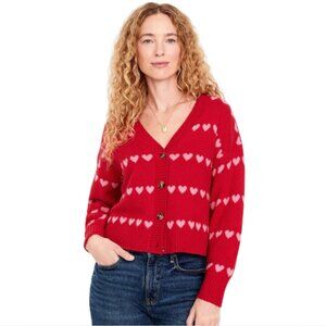 Old Navy SoSoft V-Neck Valentine Cardigan Red Sweater with Pink Hearts - S